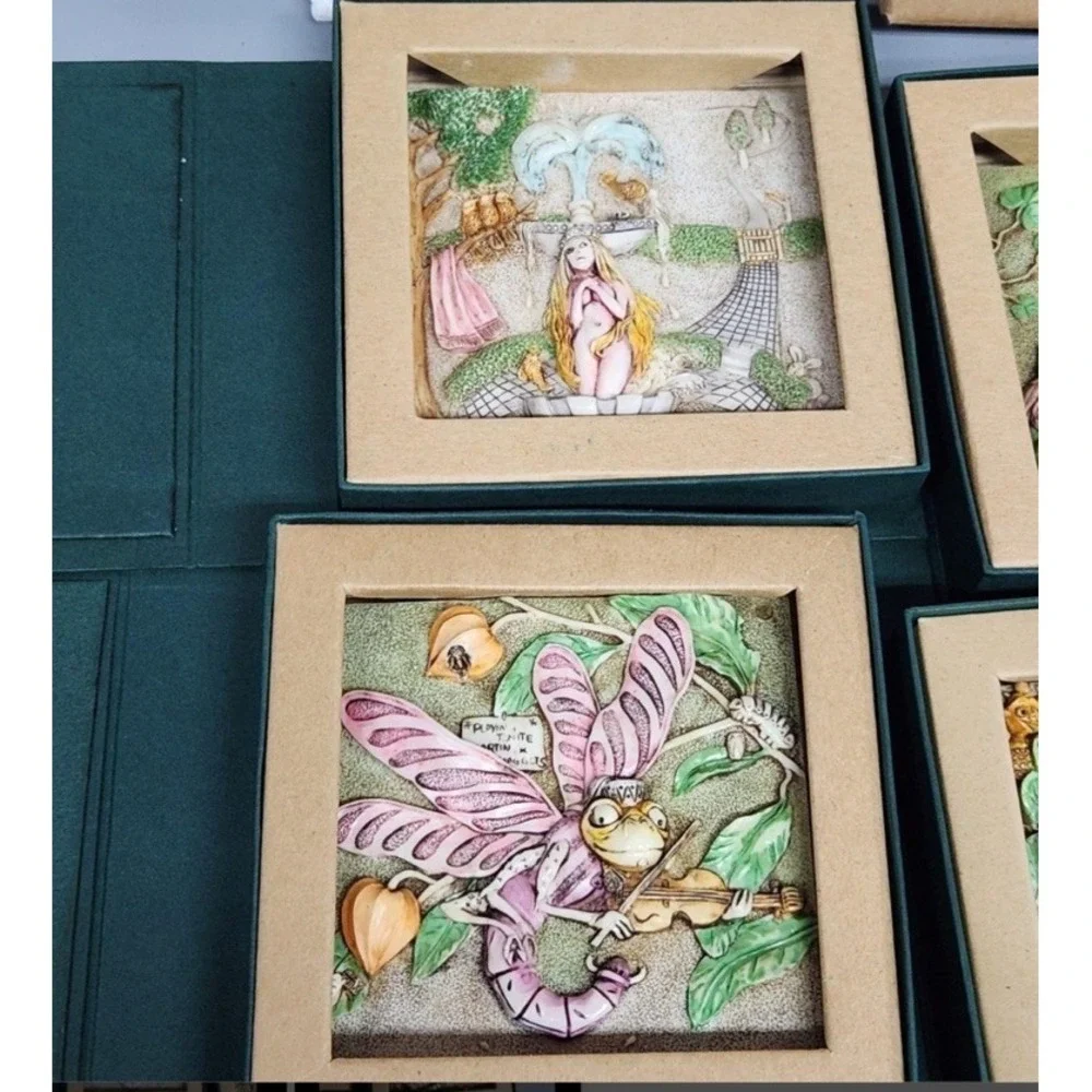 Harmony Kingdom Picturesque 4 Tile Wood Frame Set Fairy Sunflower Mantis Thistle
